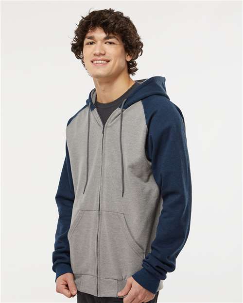 King Fashion Fleece Raglan Hooded Full-Zip Sweatshirt - KF4048 Grey Heather- Navy