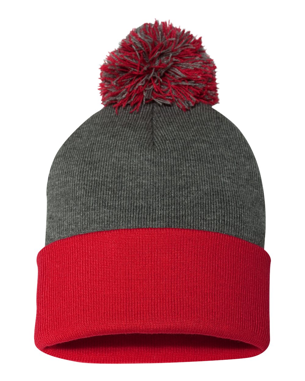 Sportsman 12" Pom-Pom Cuffed Beanie - SP15 Dark Heather Grey- Red