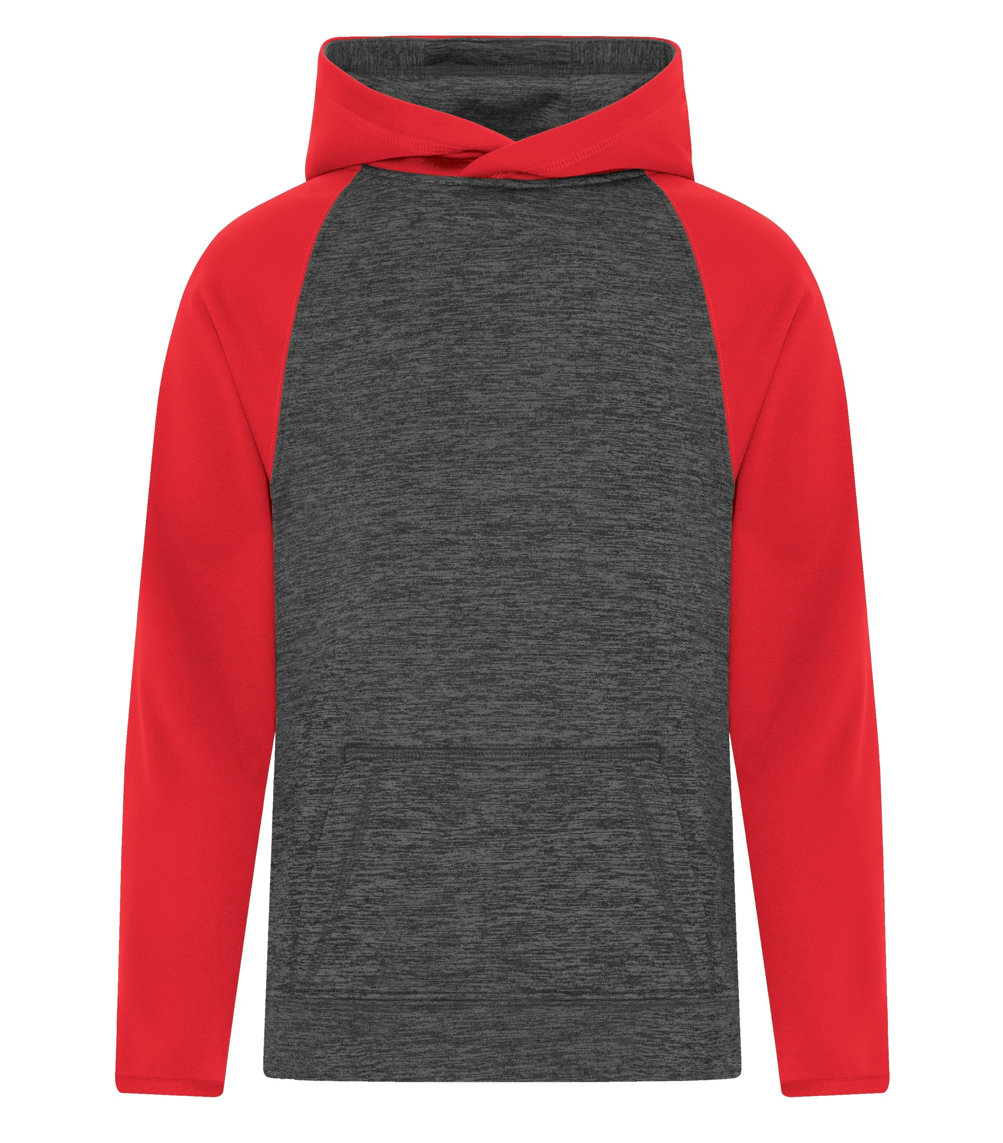 ATCᴹᶜ ATC™ DYNAMIC HEATHER FLEECE TWO TONE HOODED YOUTH SWEATSHIRT. Y2047 Charcoal Dynamic-True Red