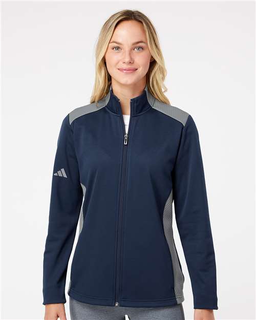 Adidas Women's Textured Mixed Media Full-Zip Jacket - A529 Collegiate Navy- Grey Three
