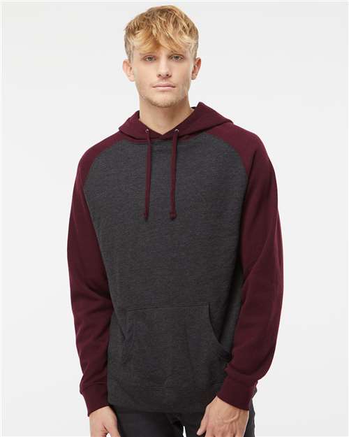 Independent Trading Co. Unisex Raglan Hooded Sweatshirt - IND40RP Charcoal Heather- Burgundy Heather