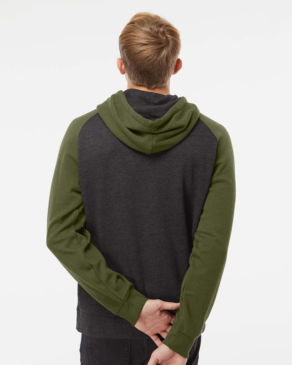 Independent Trading Co. Unisex Raglan Hooded Sweatshirt - IND40RP Charcoal Heather- Army Heather