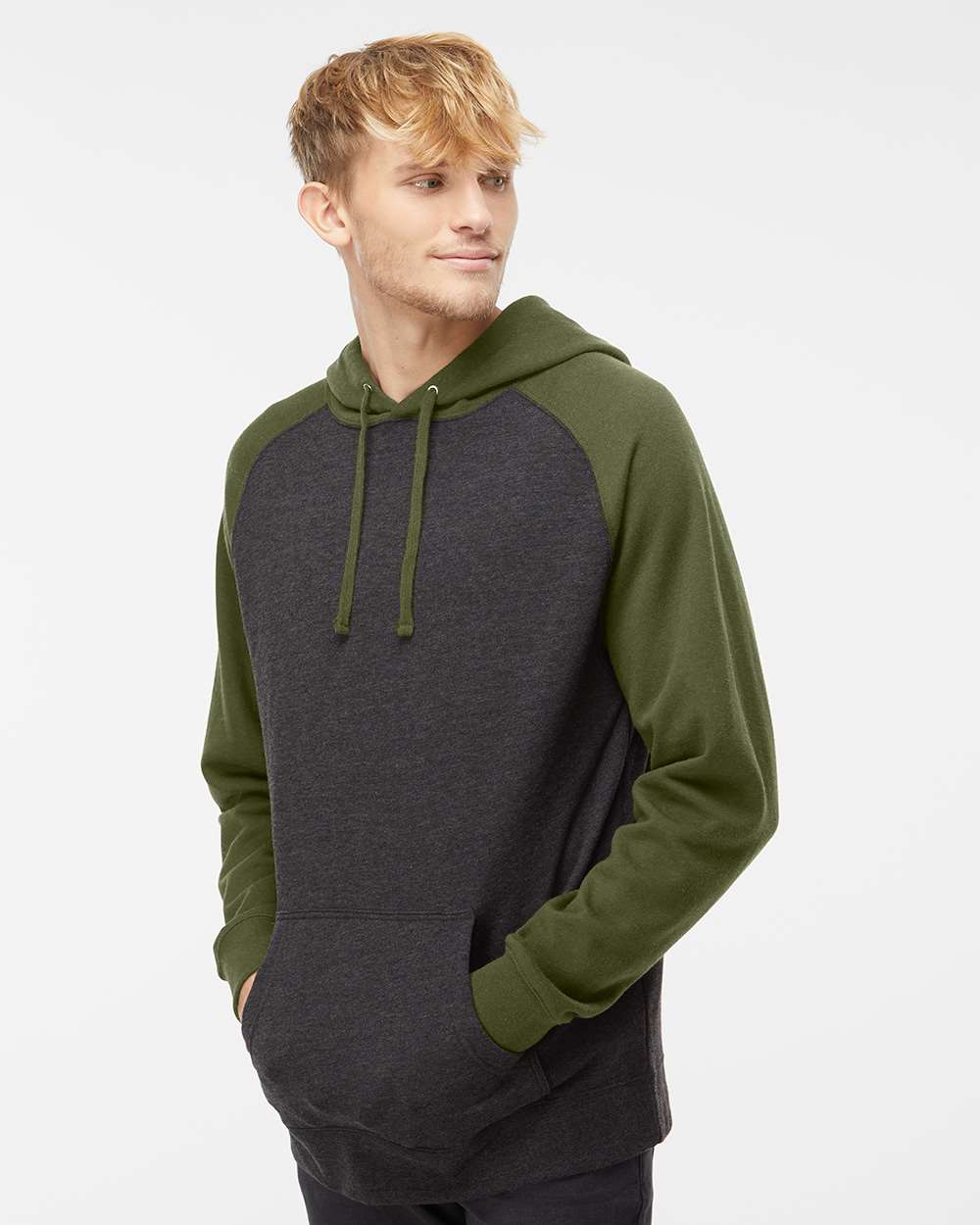 Independent Trading Co. Unisex Raglan Hooded Sweatshirt - IND40RP Charcoal Heather- Army Heather