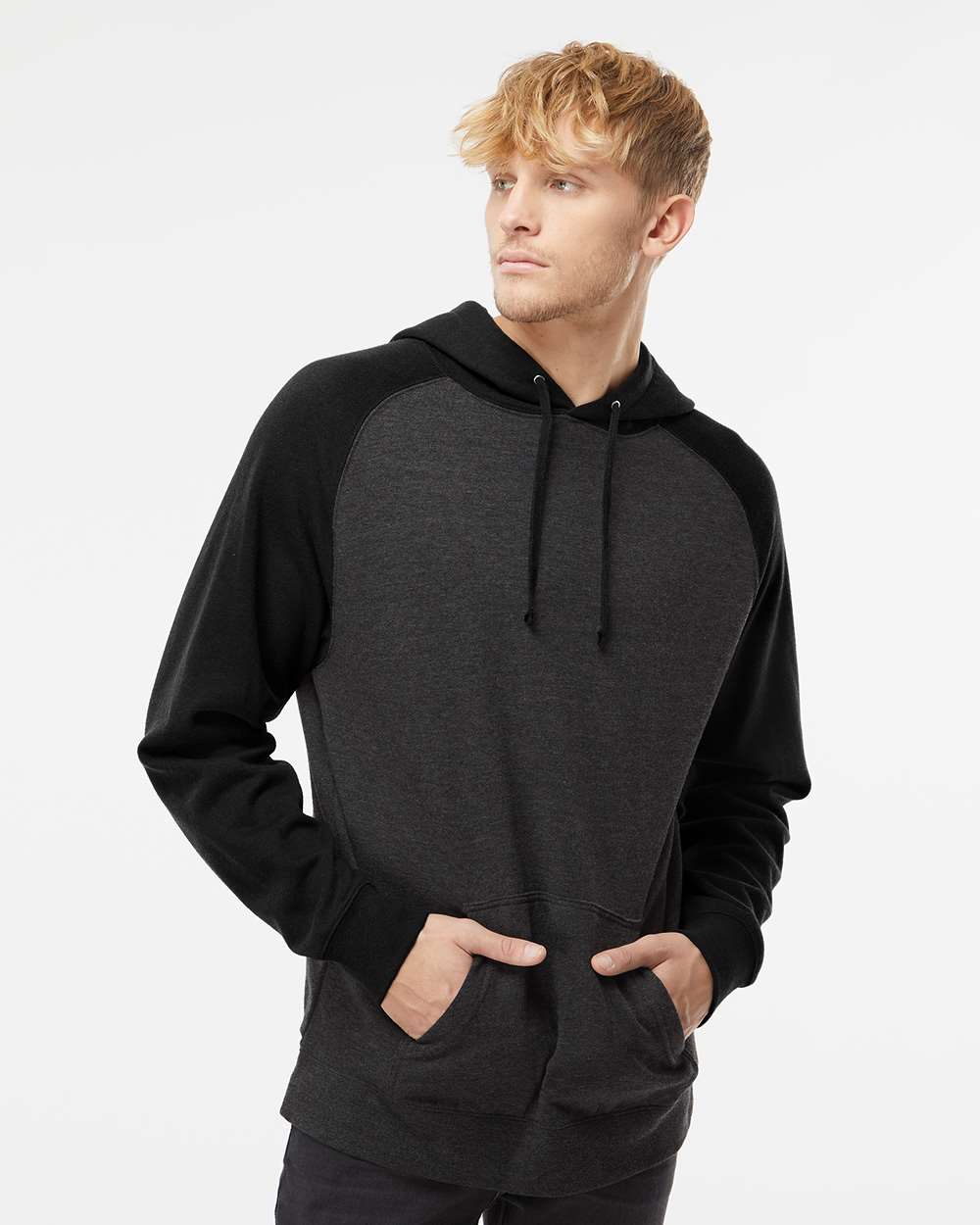Independent Trading Co. Unisex Raglan Hooded Sweatshirt - IND40RP Charcoal Heather- Black