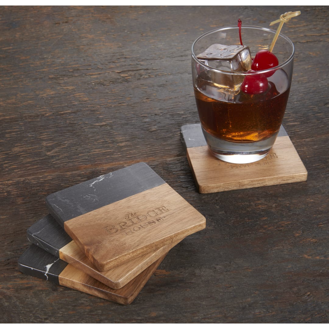 Black Marble and Wood Coaster Set - 1033-65 Black