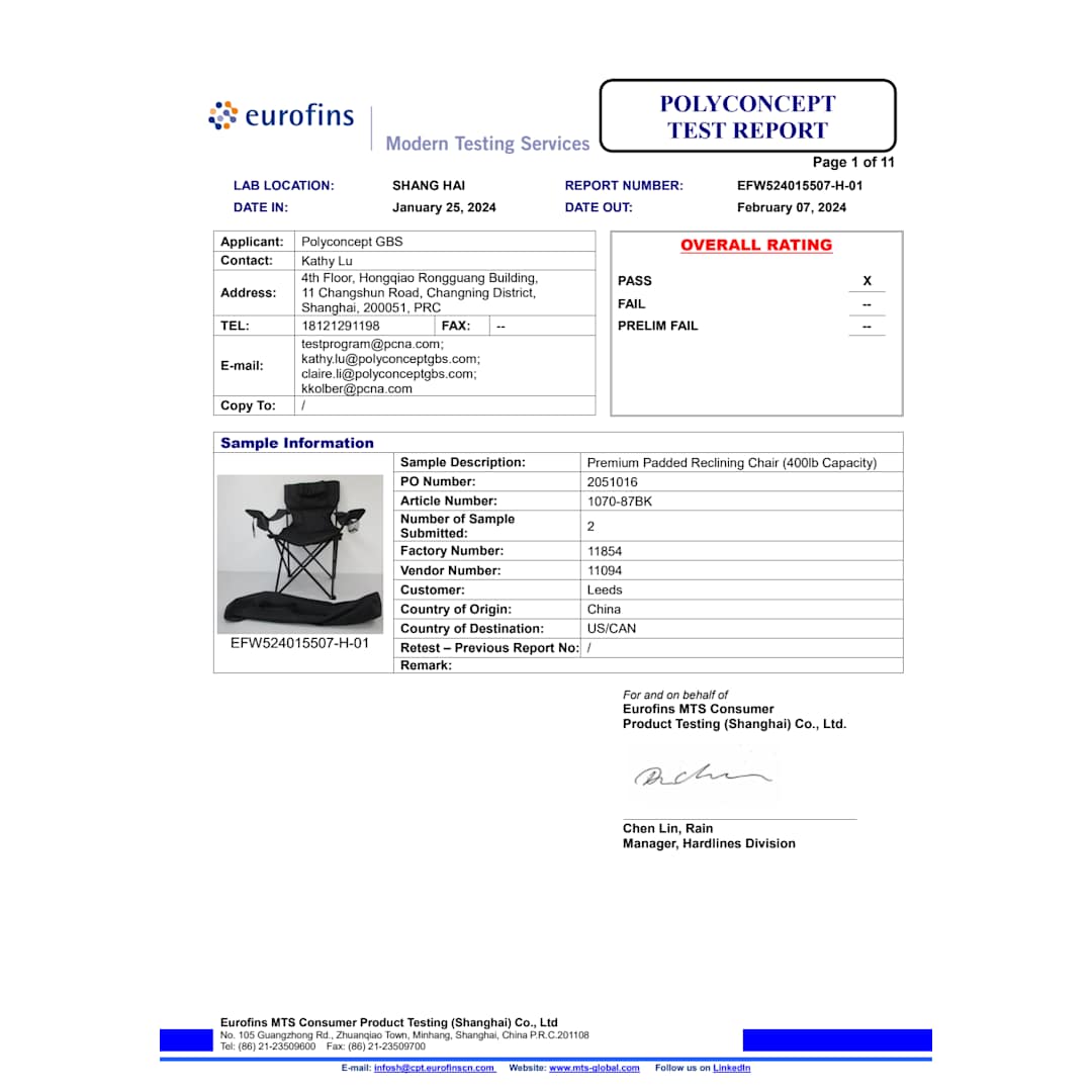 Premium Padded Reclining Chair (400lb Capacity) - 1070-87 Black